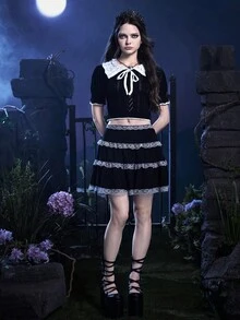 ROMWE Goth 拼接領前繫帶網眼針織上衣 - 黑色 - 查看 5