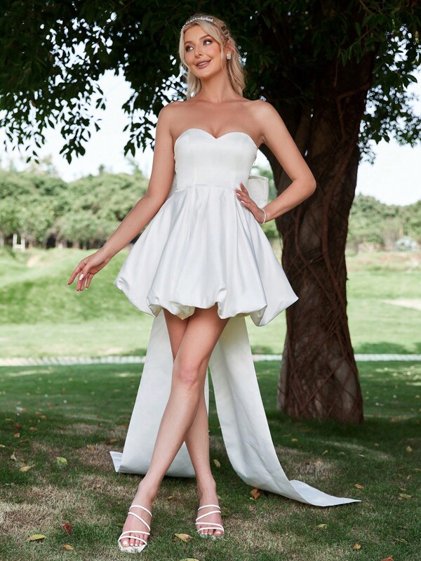 Balloon-Hem Evening Gown With Dramatic Waist Bow Detail – Elegant Formal Bridal Shower Dress For Red Carpet Galas, Black-Tie Wedding Receptions, Luxury Charity Balls,Bride