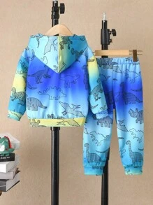 SHEIN 2 Cái/bộ Cậu Bé Thoải Mái Dày Áo Hoodie Và Quần Dài Trang Phục In Hình Khủng Long Và Màu Ombre Cho Mùa Thu - Màu xanh lam - Xem 2