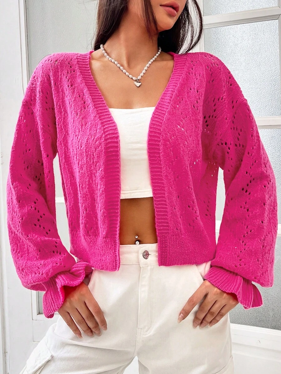 SHEIN Qutie 網眼針織喇叭袖鏤空針織開襟衫 - 玫紅色 - 查看 1