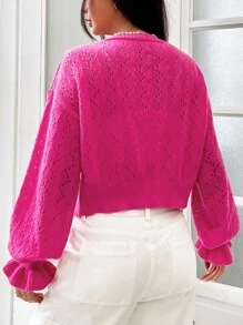 SHEIN Qutie 網眼針織喇叭袖鏤空針織開襟衫 - 玫紅色 - 查看 2