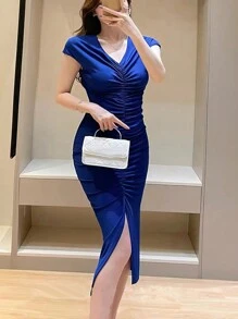 INAWLY Solva Solid Ruched Split Thigh Bodycon Dress - Blue - View 3