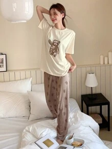 DAZY 熊印花睡衣套装 夏季 - 卡其色 - 查看 2