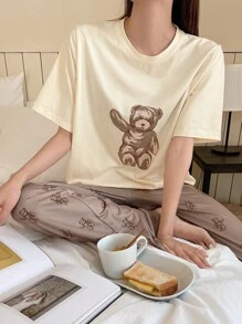 DAZY 熊印花睡衣套装 夏季 - 卡其色 - 查看 7
