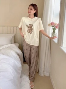 DAZY 熊印花睡衣套装 夏季 - 卡其色 - 查看 8