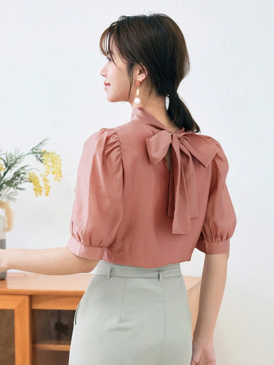 DAZY Solid Tie Back Puff Sleeve Blouse - Pink - View 1