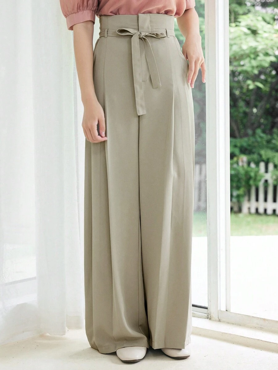 DAZY Solid Belted Wide Leg Pants - Mint Green - View 1