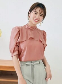 DAZY Solid Tie Back Puff Sleeve Blouse - Pink - View 2