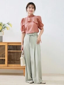 DAZY Solid Tie Back Puff Sleeve Blouse - Pink - View 3