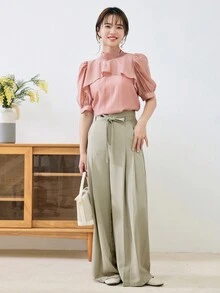 DAZY Solid Belted Wide Leg Pants - Mint Green - View 3
