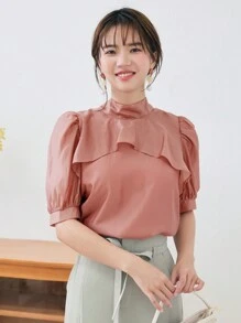 DAZY Solid Tie Back Puff Sleeve Blouse - Pink - View 5