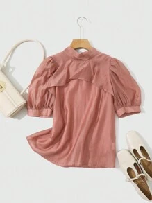 DAZY Solid Tie Back Puff Sleeve Blouse - Pink - View 6
