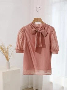 DAZY Solid Tie Back Puff Sleeve Blouse - Pink - View 7