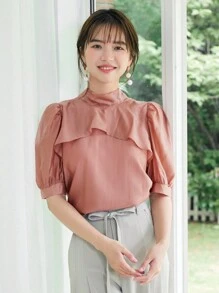 DAZY Solid Tie Back Puff Sleeve Blouse - Pink - View 9