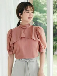 DAZY Solid Tie Back Puff Sleeve Blouse - Pink - View 10