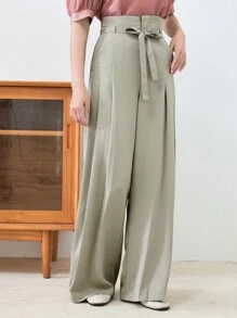 DAZY Solid Belted Wide Leg Pants - Mint Green - View 9