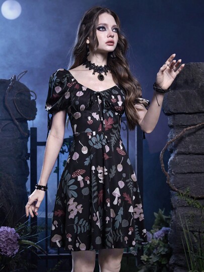 Inna Moreva Goth Mushroom Print Puff Sleeve Dress