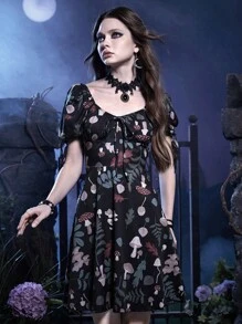 Inna Moreva Goth Mushroom Print Puff Sleeve Dress - Black - View 3
