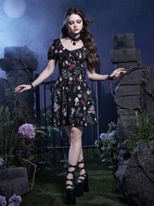 Inna Moreva Goth Mushroom Print Puff Sleeve Dress - Black - View 5