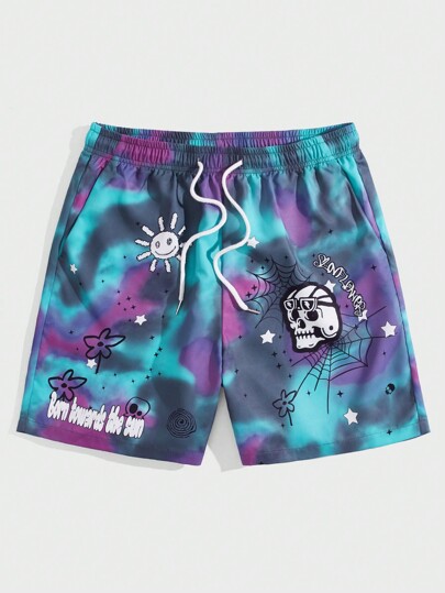 Street Life Guys Tie Dye Skull & Letter Graphic Drawstring Waist Shorts
