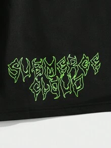 ROMWE MEN Street Life 男士字母圖案腰部抽繩短褲 - 黑色 - 查看 3