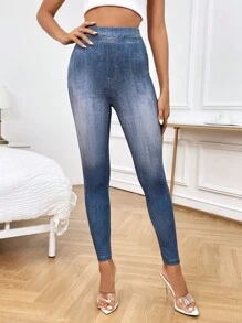 SHEIN Essnce Women Denim-Effect Print Jeggings - Blue - View 6