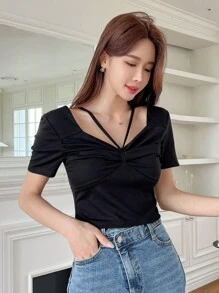 DAZY Chất rắn Nếp gấp Phần Ngực Áo thun - màu đen - Xem 4