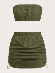 SHEIN EZwear Solid Tube Top & Drawstring Side Skirt - Army Green - View 1