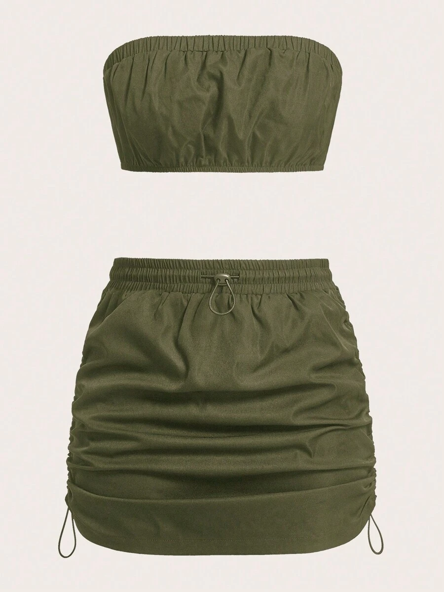 SHEIN EZwear Solid Tube Top & Drawstring Side Skirt - Army Green - View 1