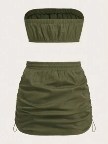 SHEIN EZwear Solid Tube Top & Drawstring Side Skirt - Army Green - View 2