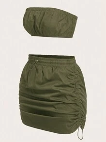 SHEIN EZwear Solid Tube Top & Drawstring Side Skirt - Army Green - View 3