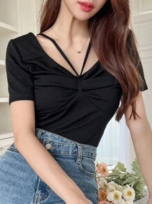 DAZY Chất rắn Nếp gấp Phần Ngực Áo thun - màu đen - Xem 7