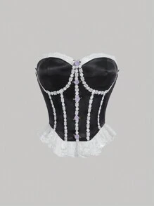 SHEIN MOD Contrast Lace Bustier Tube Top Without Shirt Corset Top - Black - View 1