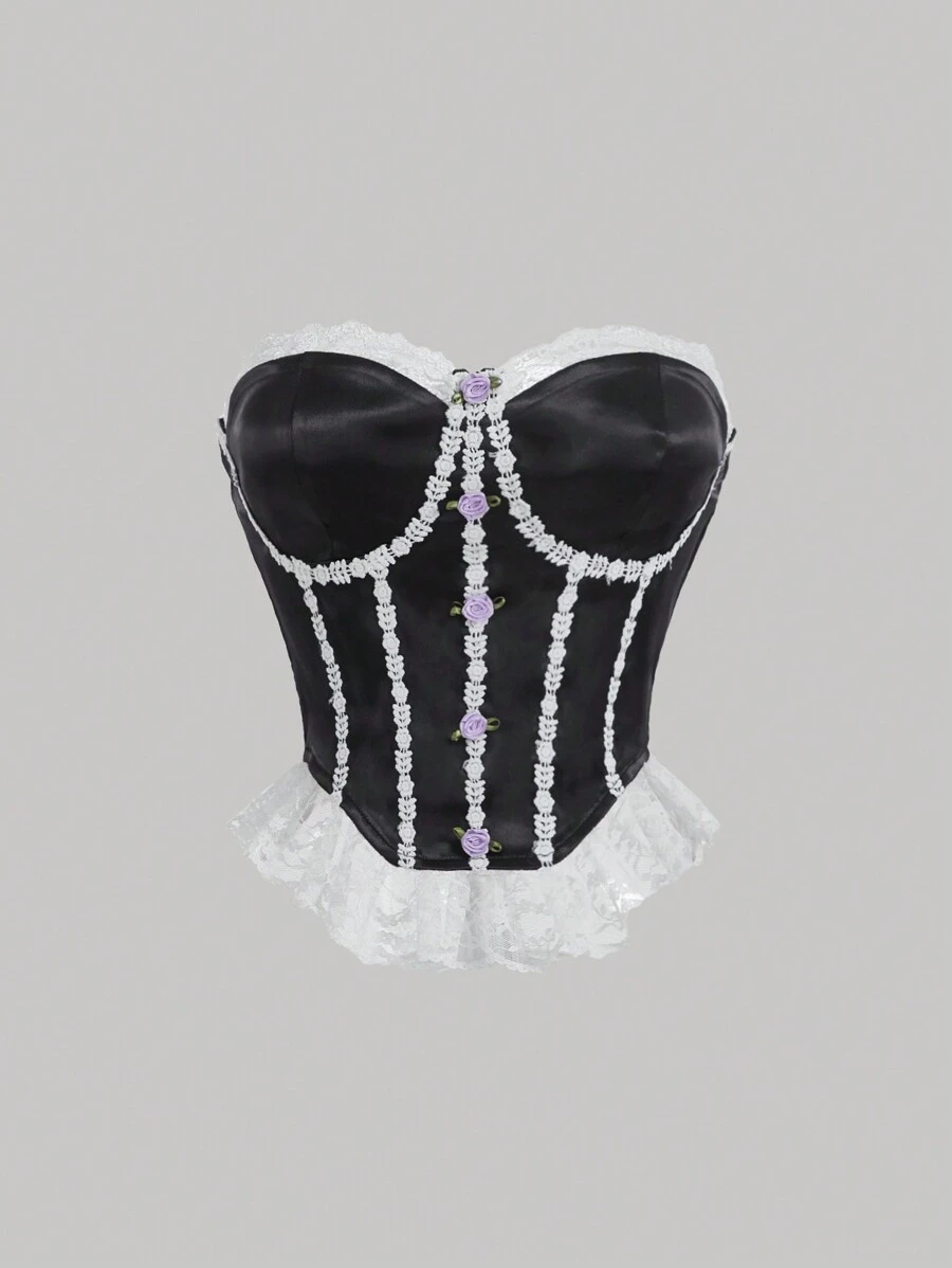 SHEIN MOD Contrast Lace Bustier Tube Top Without Shirt Corset Top - Black - View 1