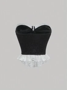 SHEIN MOD Contrast Lace Bustier Tube Top Without Shirt Corset Top - Black - View 2