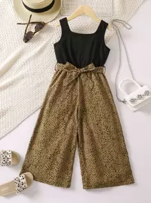 SHEIN 女小童斑點印花腰帶連身褲 - 彩色 - 查看 1