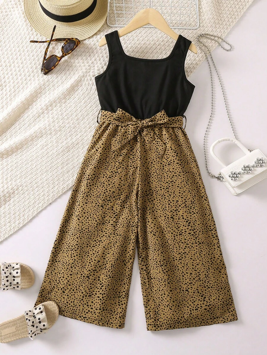 SHEIN 女小童斑點印花腰帶連身褲 - 彩色 - 查看 1