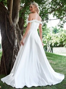 一字肩蕾絲拼接高衩婚紗連衣裙 - 白色 - 查看 2