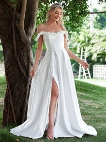 一字肩蕾絲拼接高衩婚紗連衣裙 - 白色 - 查看 6