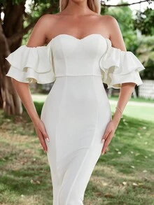 Faeriesty 一字肩荷葉邊及地婚紗連衣裙 - 白色 - 查看 5