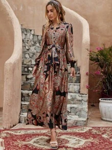 佩斯利印花燈籠袖腰帶襯衫洋裝