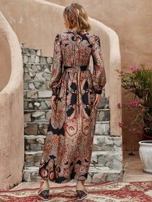 佩斯利印花燈籠袖腰帶襯衫洋裝