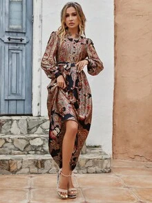 佩斯利印花燈籠袖腰帶襯衫洋裝