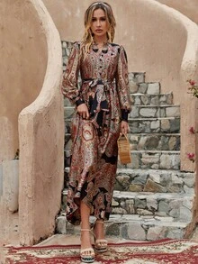 佩斯利印花燈籠袖腰帶襯衫洋裝