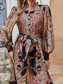 佩斯利印花燈籠袖腰帶襯衫洋裝