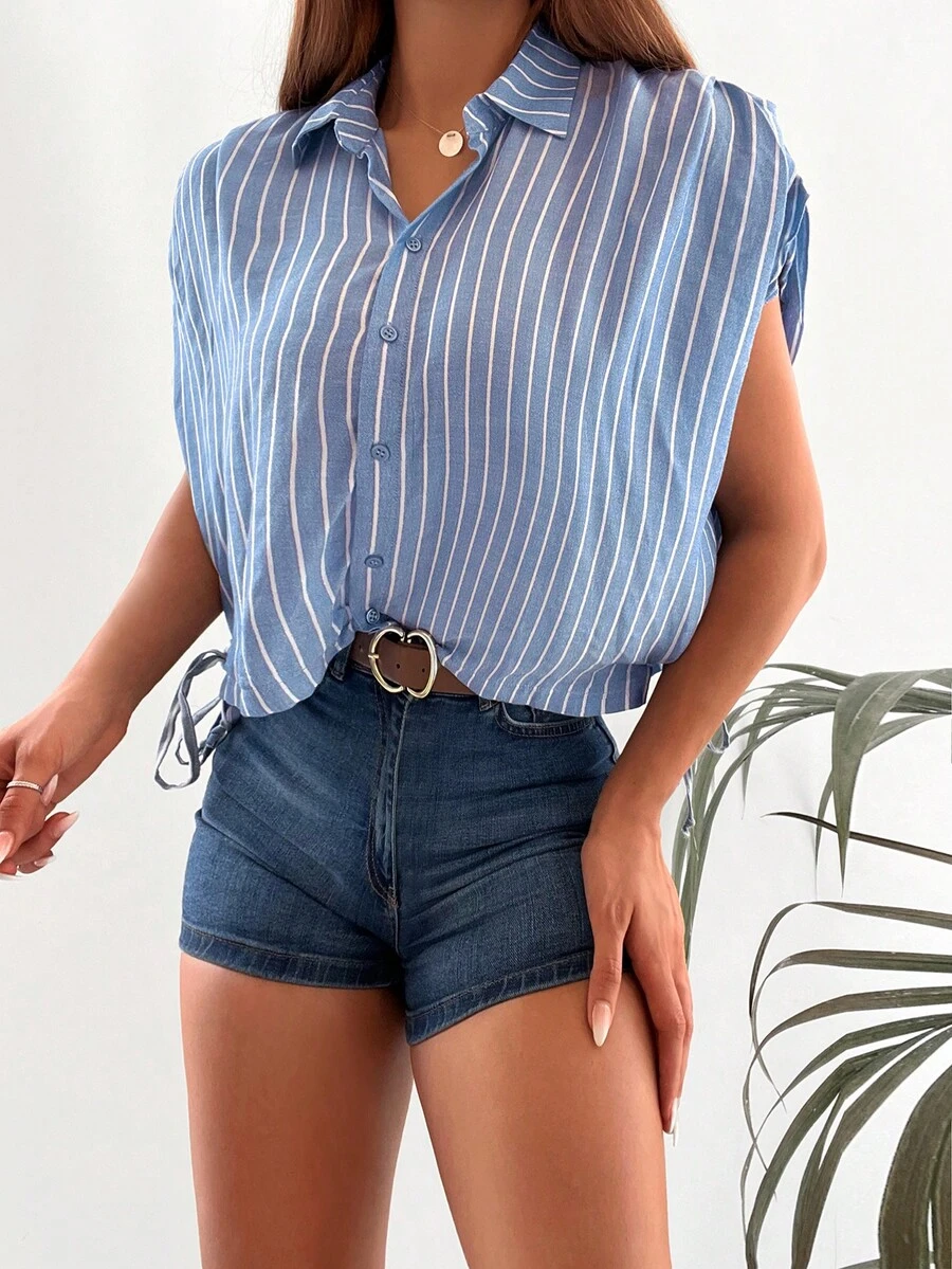 EURMUSE Striped Print Batwing Sleeve Shirt - Màu xanh lam - Xem 1