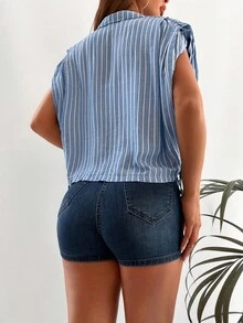 EURMUSE Striped Print Batwing Sleeve Shirt - Màu xanh lam - Xem 2