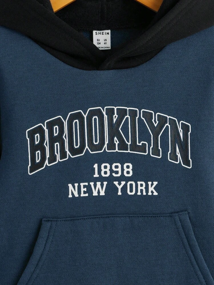 SHEIN Sudadera Térmica Con Capucha Con Bolsillo Canguro, Gráficos De Lettering Para Niños Jóvenes - Azul Marino - Ver 4