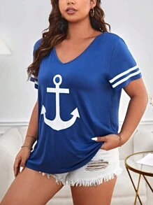 SHEIN LUNE 大碼船錨圖案條紋圖案V領T恤 - 寶藍色 - 查看 3