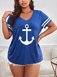 SHEIN LUNE 大碼船錨圖案條紋圖案V領T恤 - 寶藍色 - 查看 6